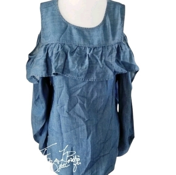 ANN TAYLOR LOFT CHAMBRAY TOP SZ L - Picture 2 of 7